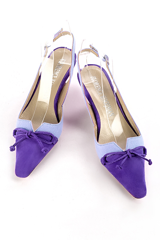 Violet purple women's open back shoes, with a knot. Tapered toe. Medium spool heels. Top view - Florence KOOIJMAN